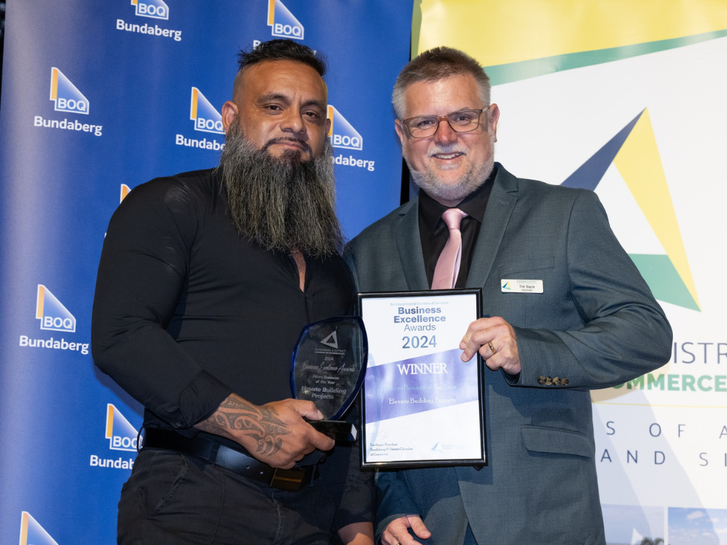 Elevate Building Projects bags the 2024 Micro Business of the Year during the Bundaberg Chamber of Commerce Business Excellence Awards.