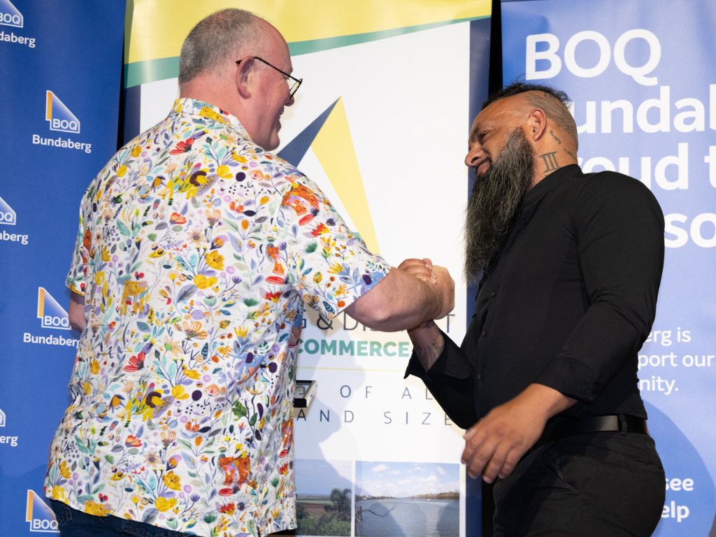 Elevate Building Projects' Managing Director receives the new business of the year award during the Bundaberg Chamber of Commerce Business Excellence Awards.